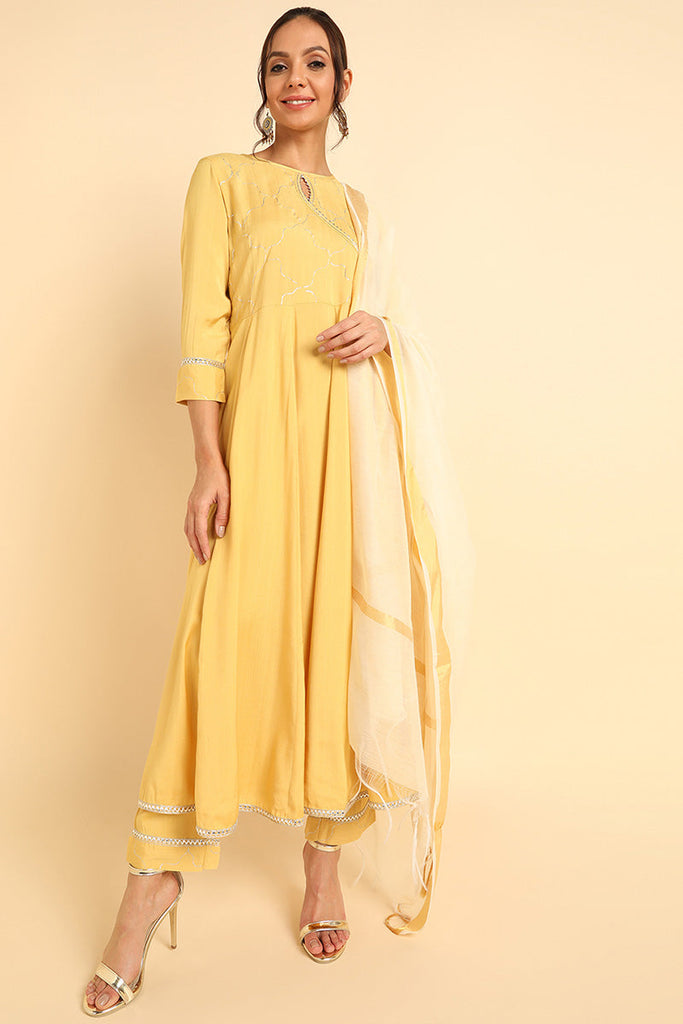  Women Yellow Solid Kurta Trousers With Dupatta