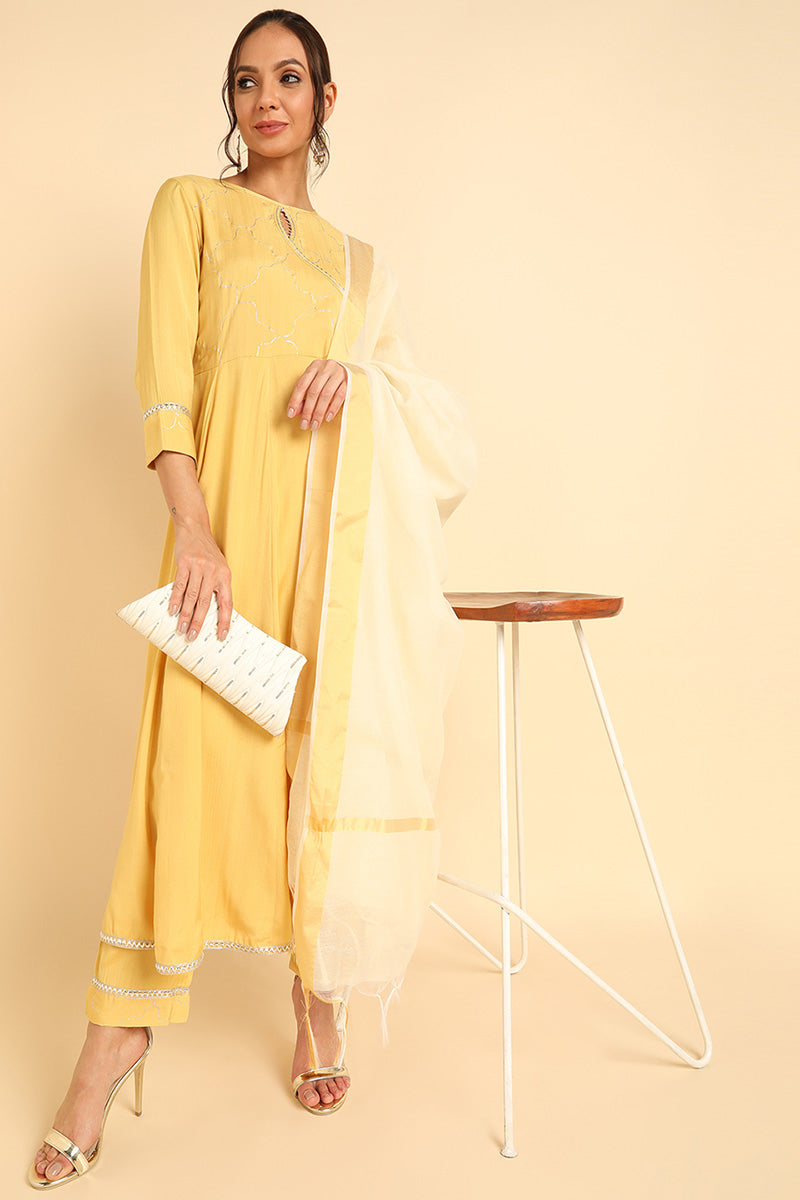  Women Yellow Solid Kurta Trousers With Dupatta