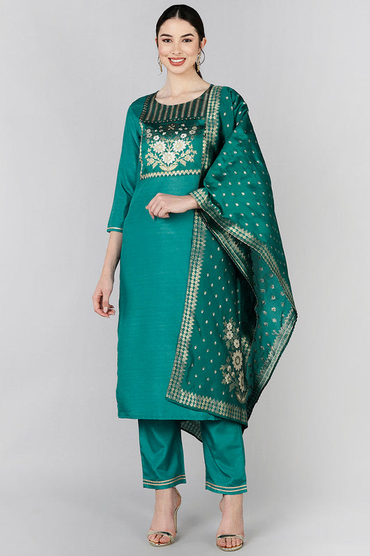  Women Teal Yoke Design Kurta Trousers With Dupatta 