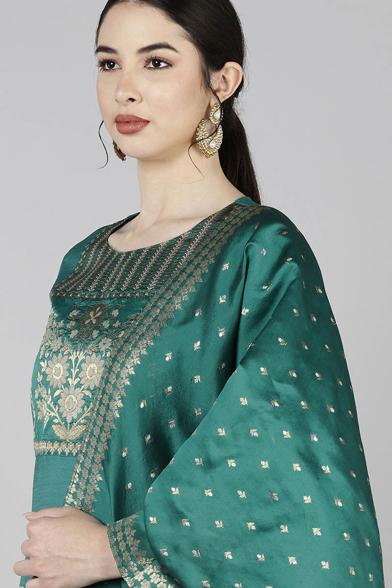  Women Teal Yoke Design Kurta Trousers With Dupatta 