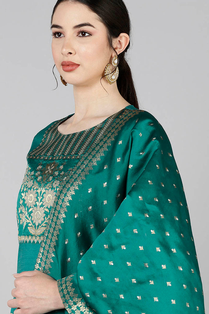  Women Teal Yoke Design Kurta Trousers With Dupatta 