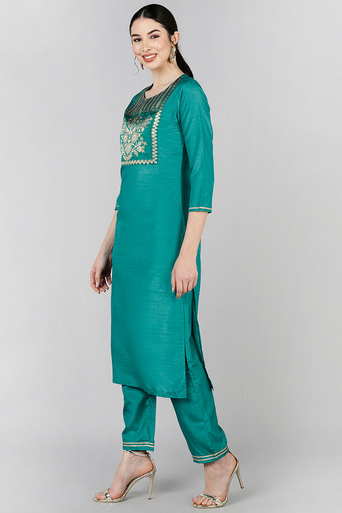  Women Teal Yoke Design Kurta Trousers With Dupatta 