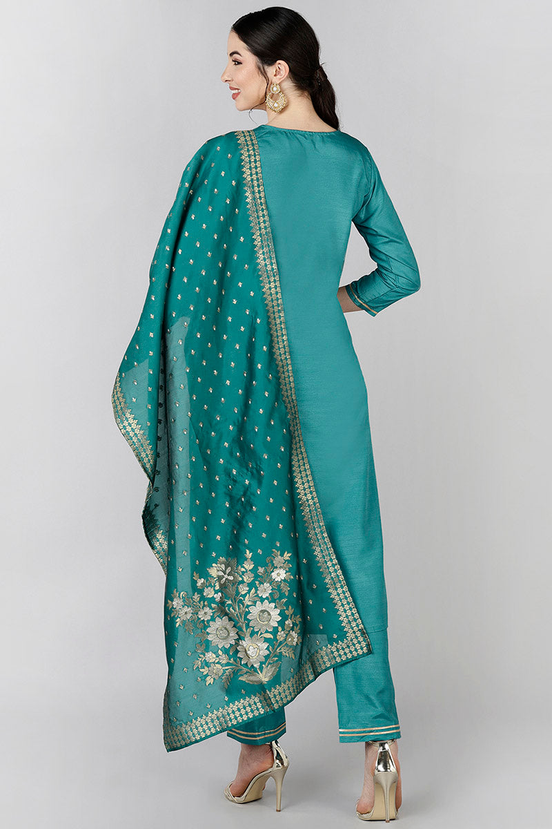  Women Teal Yoke Design Kurta Trousers With Dupatta 