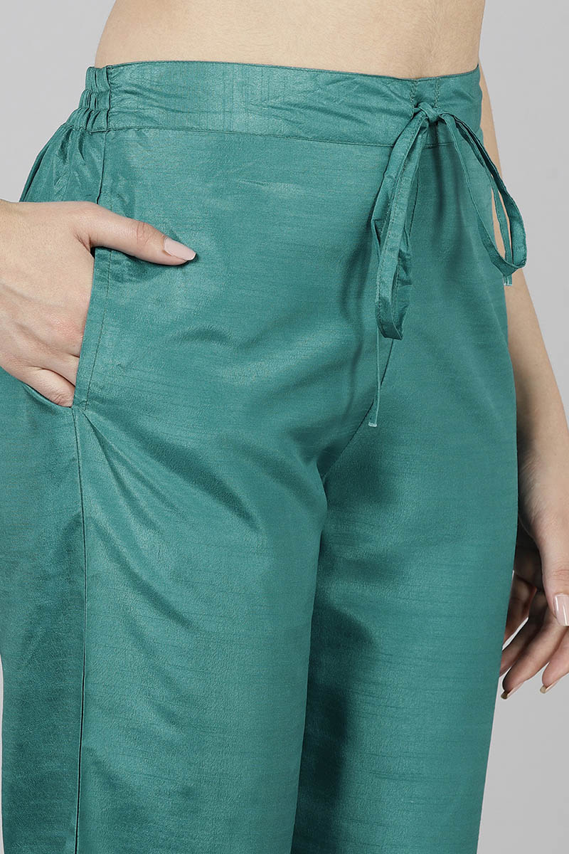  Women Teal Yoke Design Kurta Trousers With Dupatta 