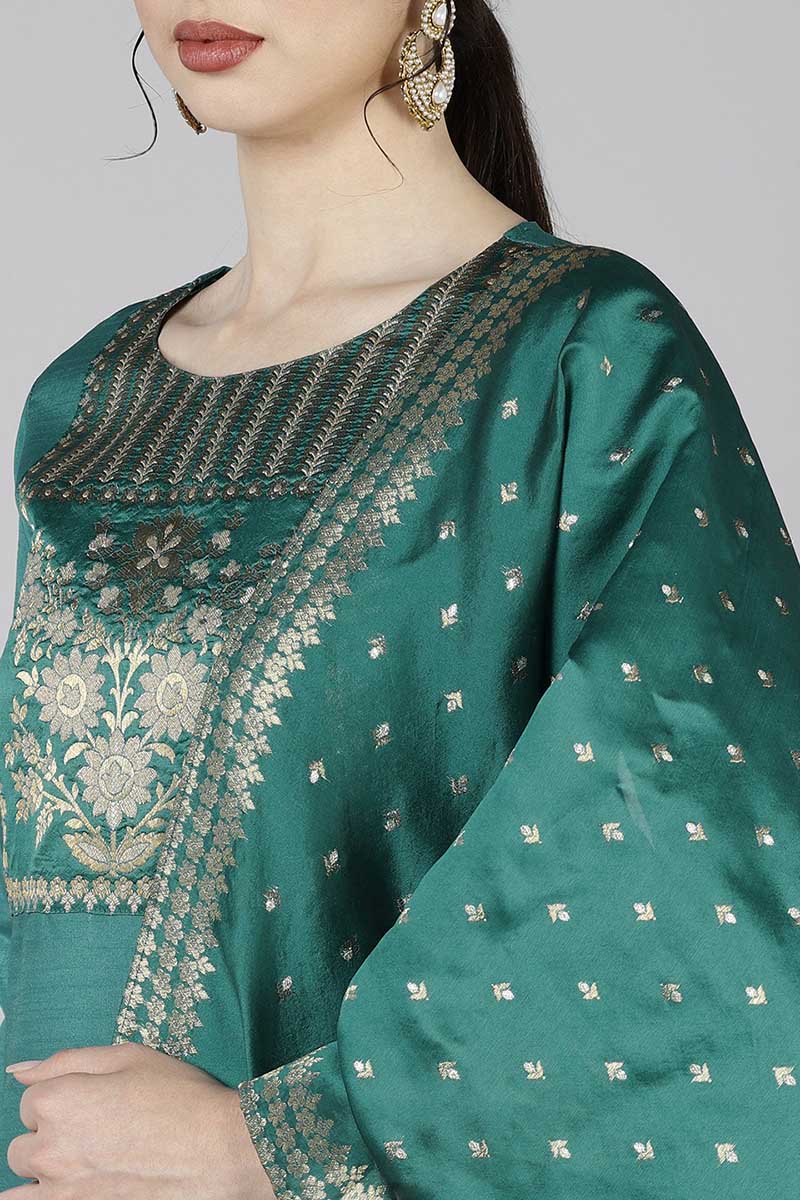  Women Teal Yoke Design Kurta Trousers With Dupatta 