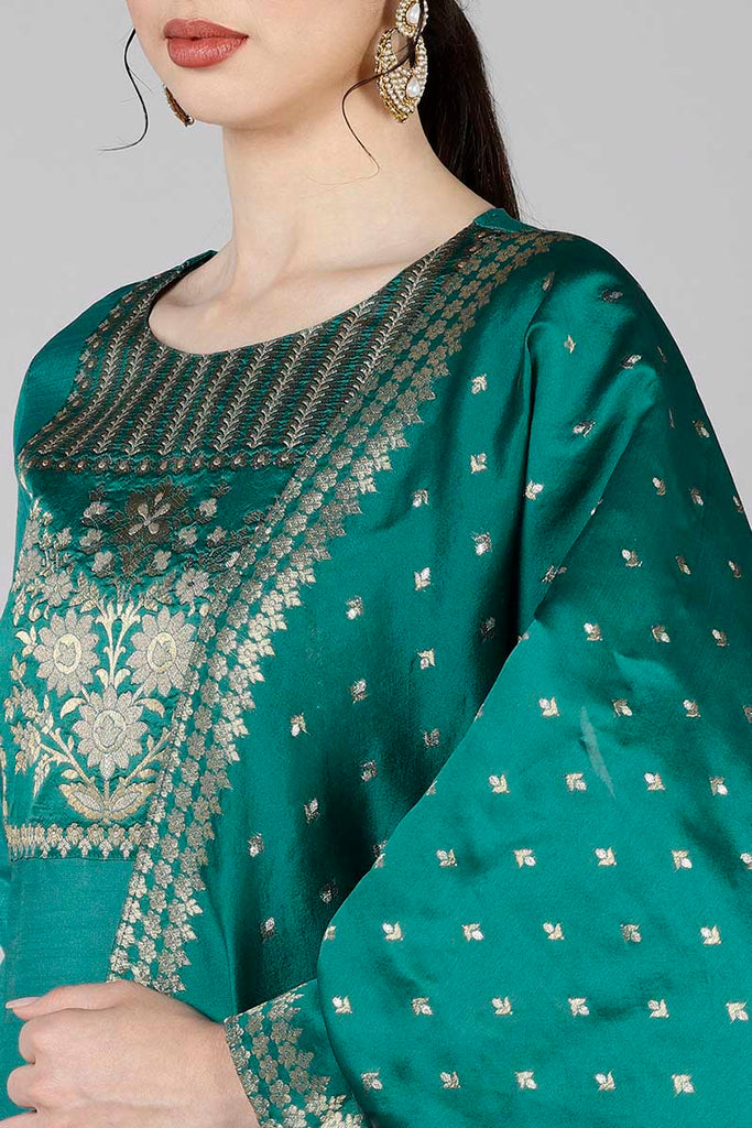  Women Teal Yoke Design Kurta Trousers With Dupatta 