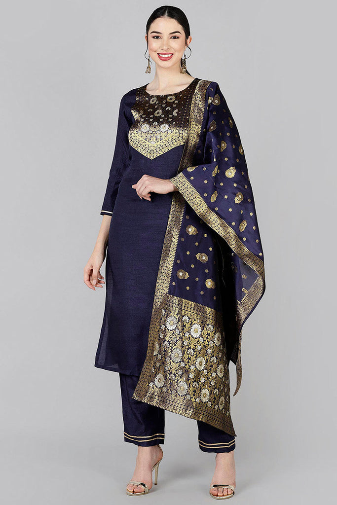  Women Navy Blue Yoke Design Kurta Trousers With Dupatta 