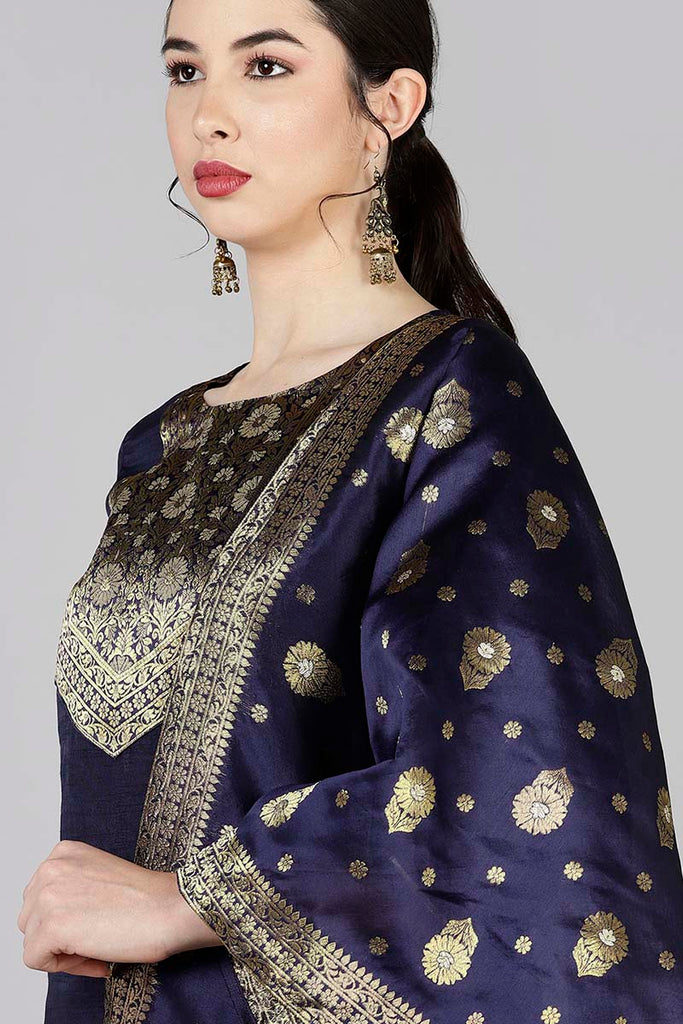  Women Navy Blue Yoke Design Kurta Trousers With Dupatta 