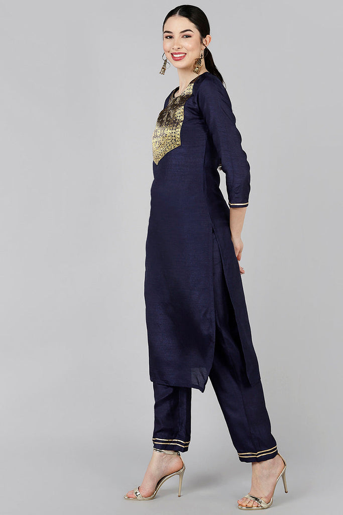  Women Navy Blue Yoke Design Kurta Trousers With Dupatta 