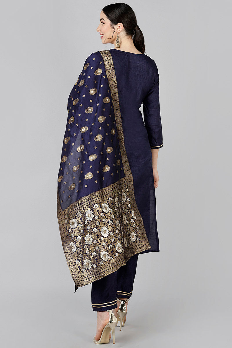  Women Navy Blue Yoke Design Kurta Trousers With Dupatta 