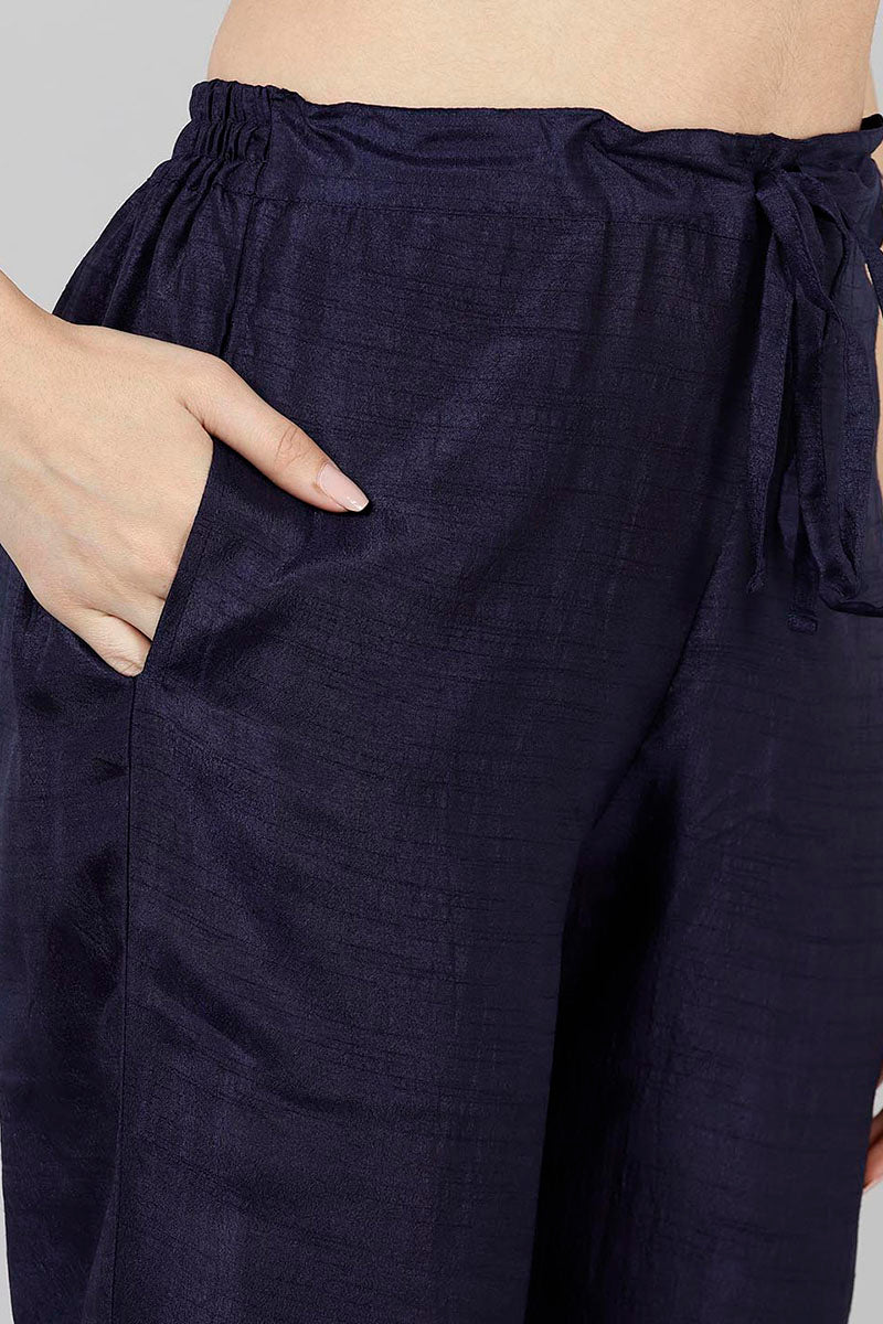  Women Navy Blue Yoke Design Kurta Trousers With Dupatta 