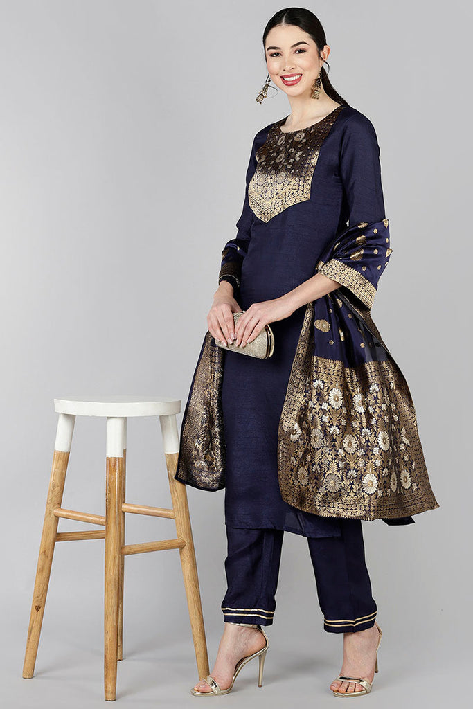  Women Navy Blue Yoke Design Kurta Trousers With Dupatta 