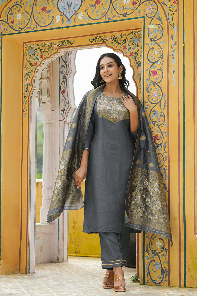  Women Grey Yoke Design Kurta Trousers With Dupatta