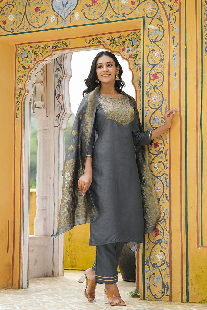  Women Grey Yoke Design Kurta Trousers With Dupatta