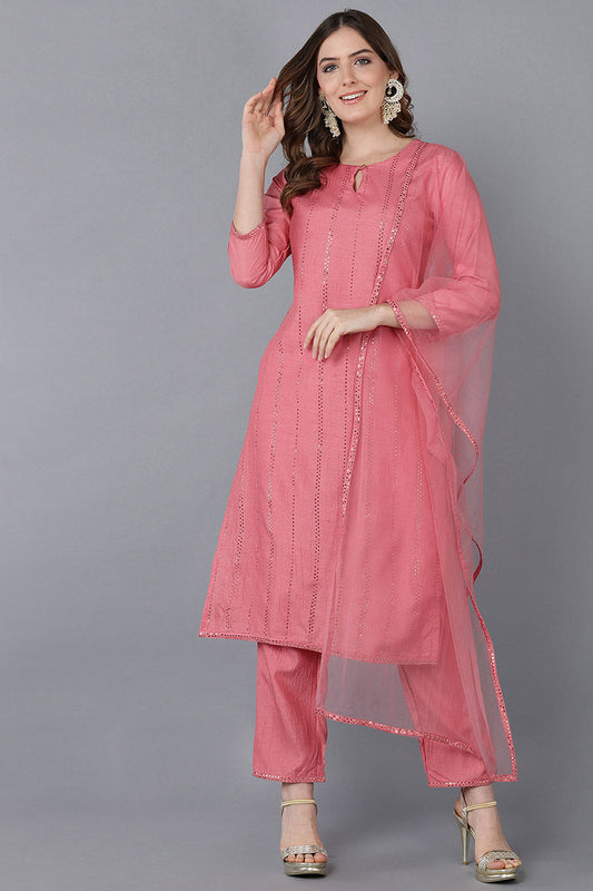  Women Pink Solid Kurta Trousers With Dupatta