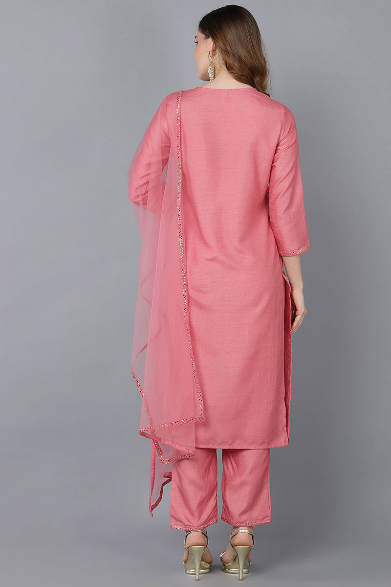  Women Pink Solid Kurta Trousers With Dupatta