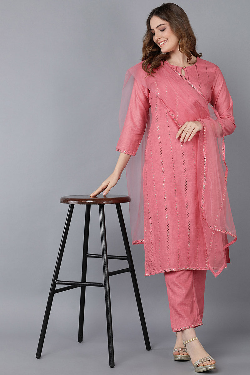  Women Pink Solid Kurta Trousers With Dupatta