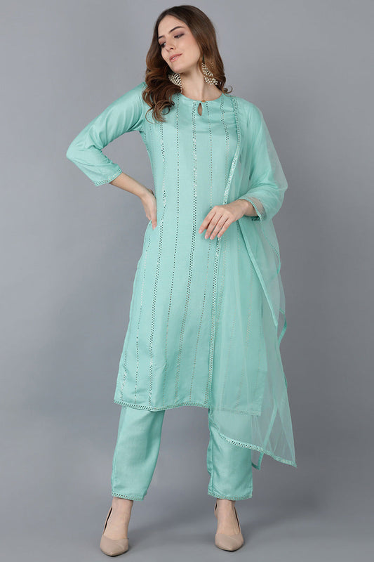  Women Sea Green Solid Kurta Trousers With Dupatta