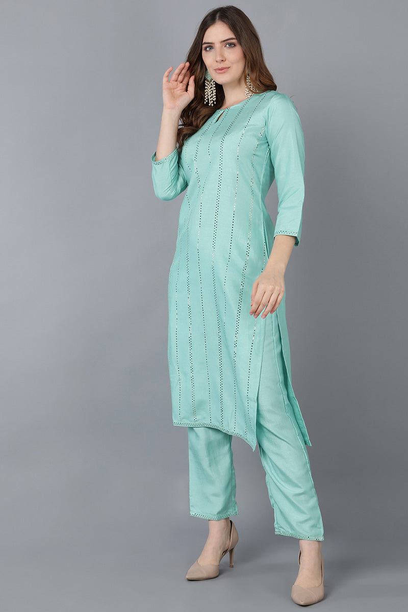  Women Sea Green Solid Kurta Trousers With Dupatta