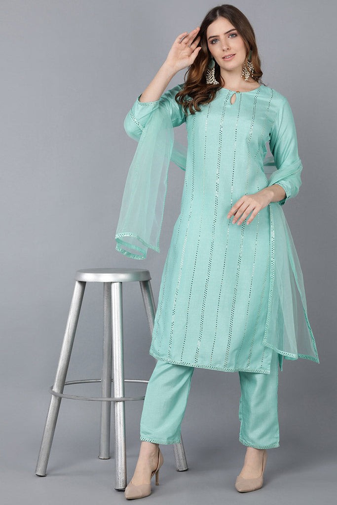  Women Sea Green Solid Kurta Trousers With Dupatta