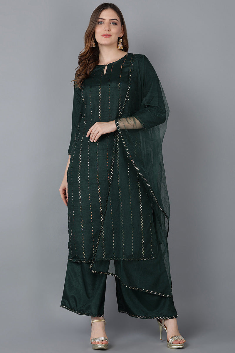  Women Green Solid Kurta Trousers With Dupatta