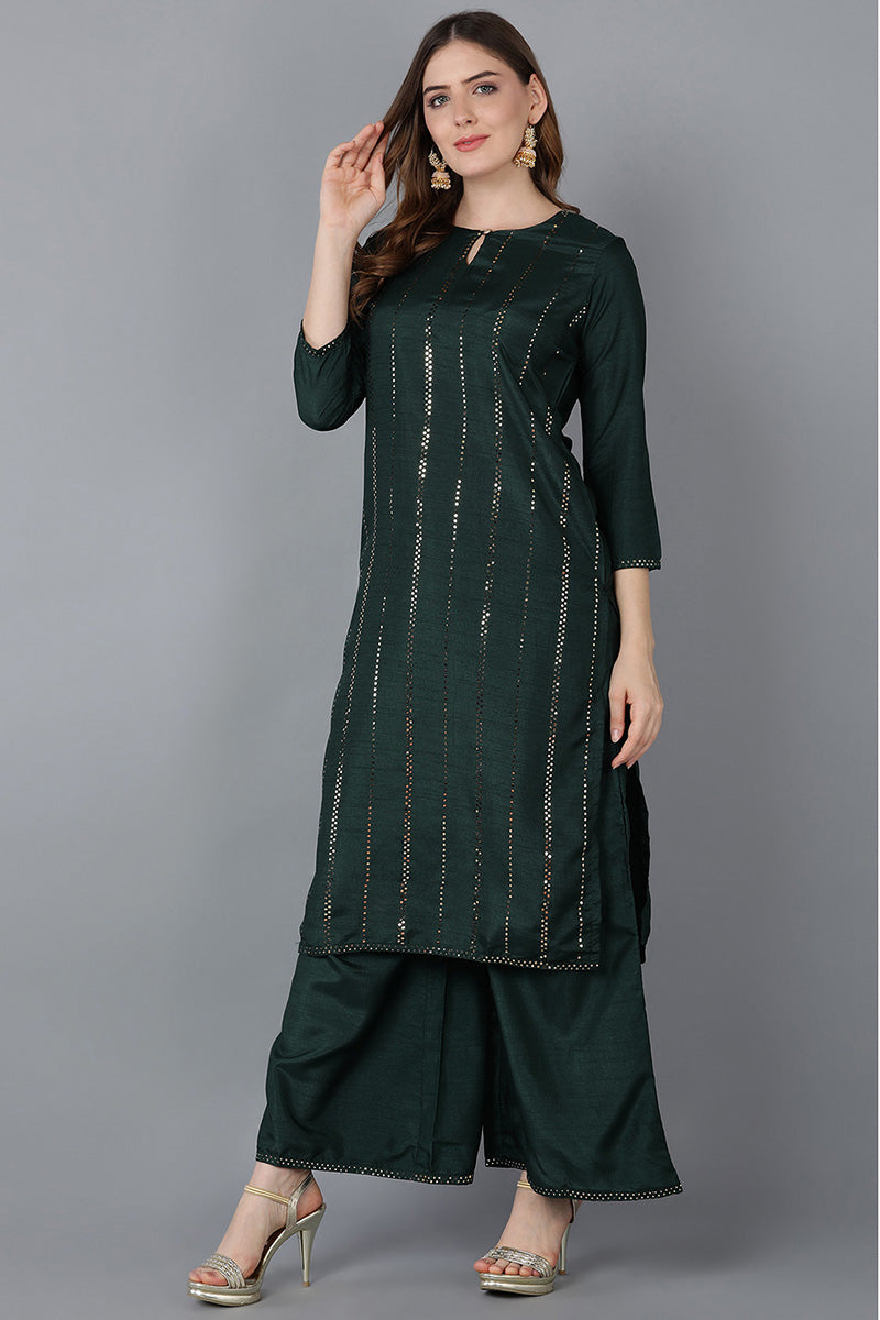  Women Green Solid Kurta Trousers With Dupatta