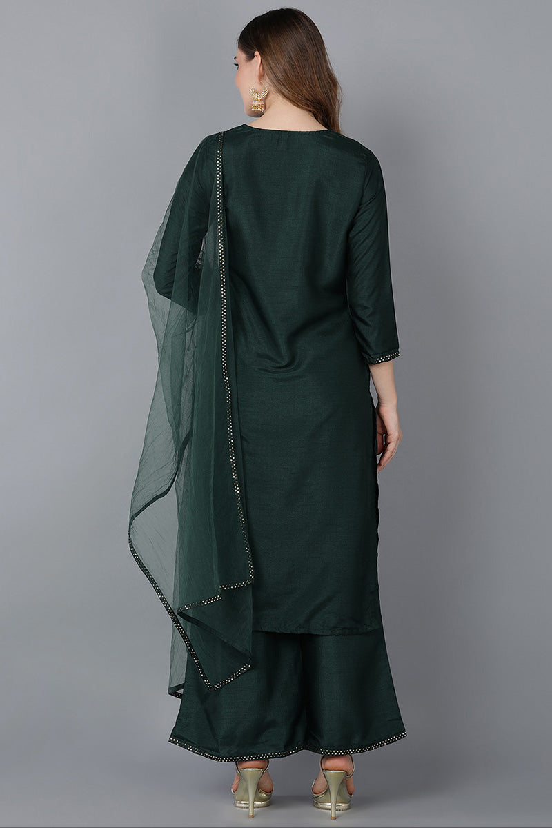  Women Green Solid Kurta Trousers With Dupatta