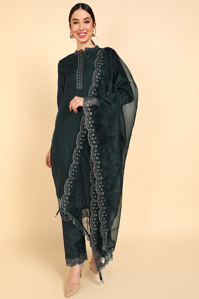  Women Teal Embroidered Kurta Trousers With Dupatta