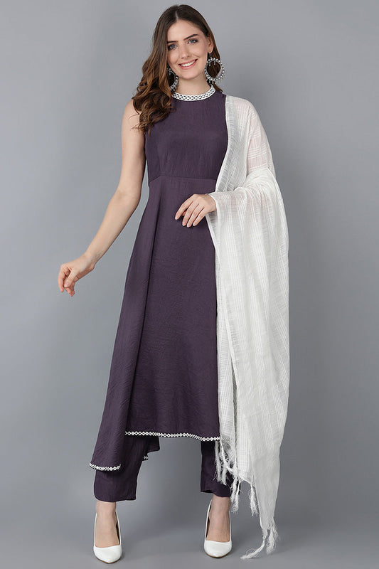  Women Lavender Solid Kurta Trousers With Dupatta