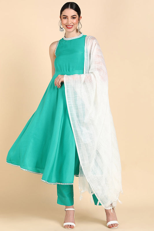  Women Sea Green Solid Kurta Trousers With Dupatta 