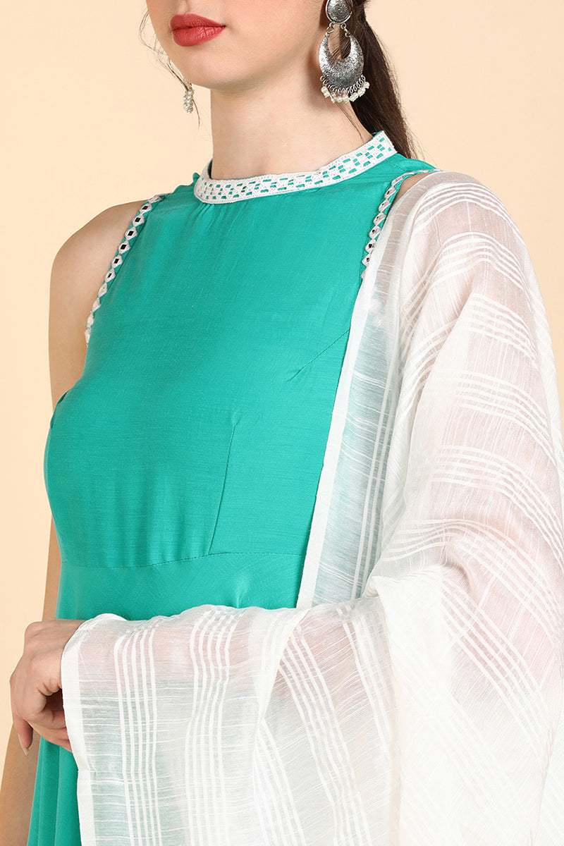  Women Sea Green Solid Kurta Trousers With Dupatta 