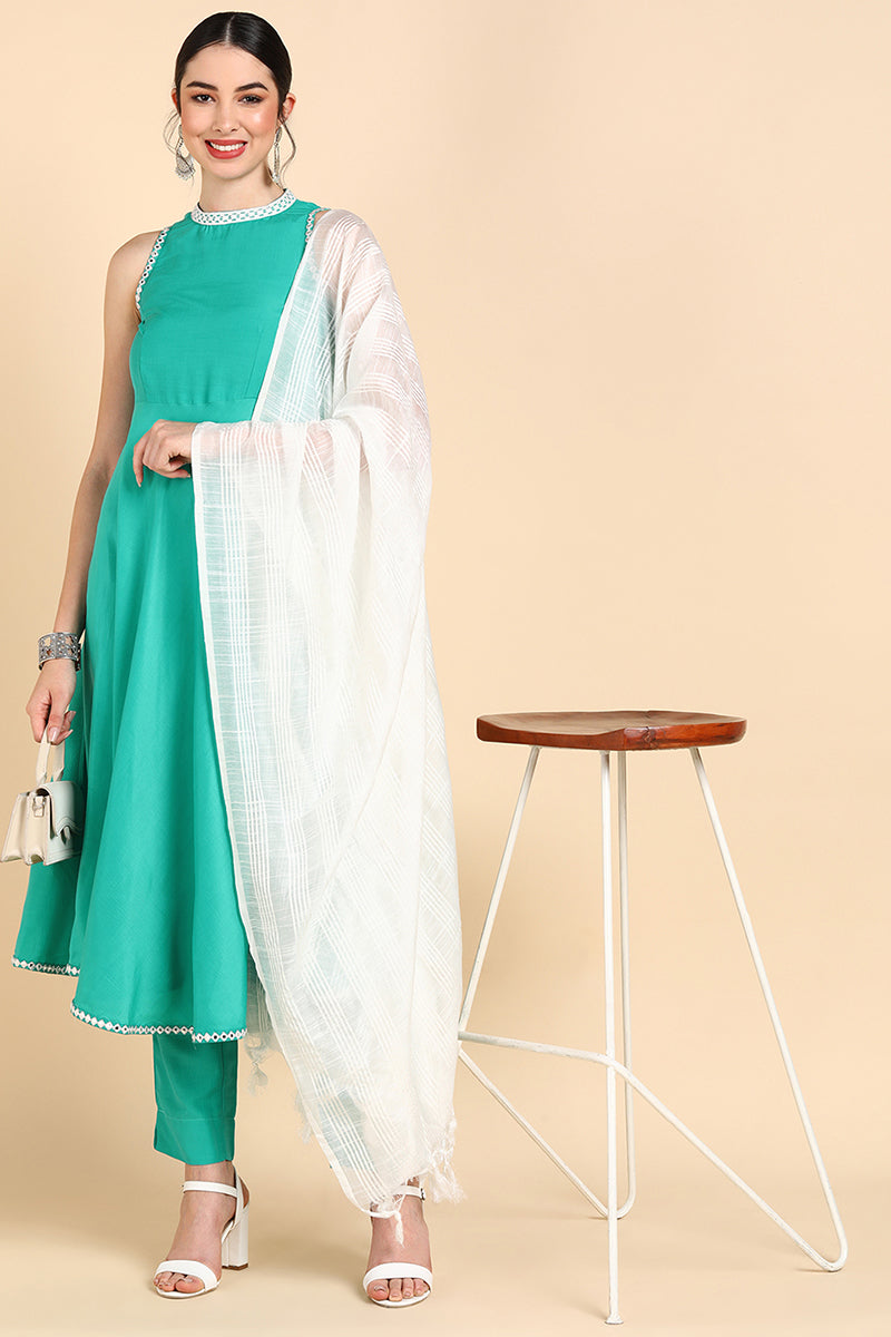  Women Sea Green Solid Kurta Trousers With Dupatta 