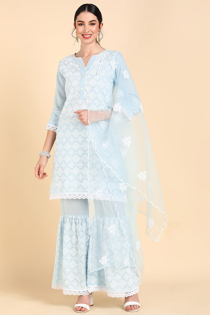  Women Blue Printed Kurta Sharara With Dupatta