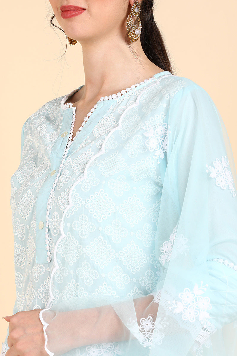  Women Blue Printed Kurta Sharara With Dupatta