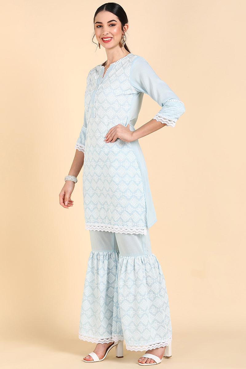  Women Blue Printed Kurta Sharara With Dupatta