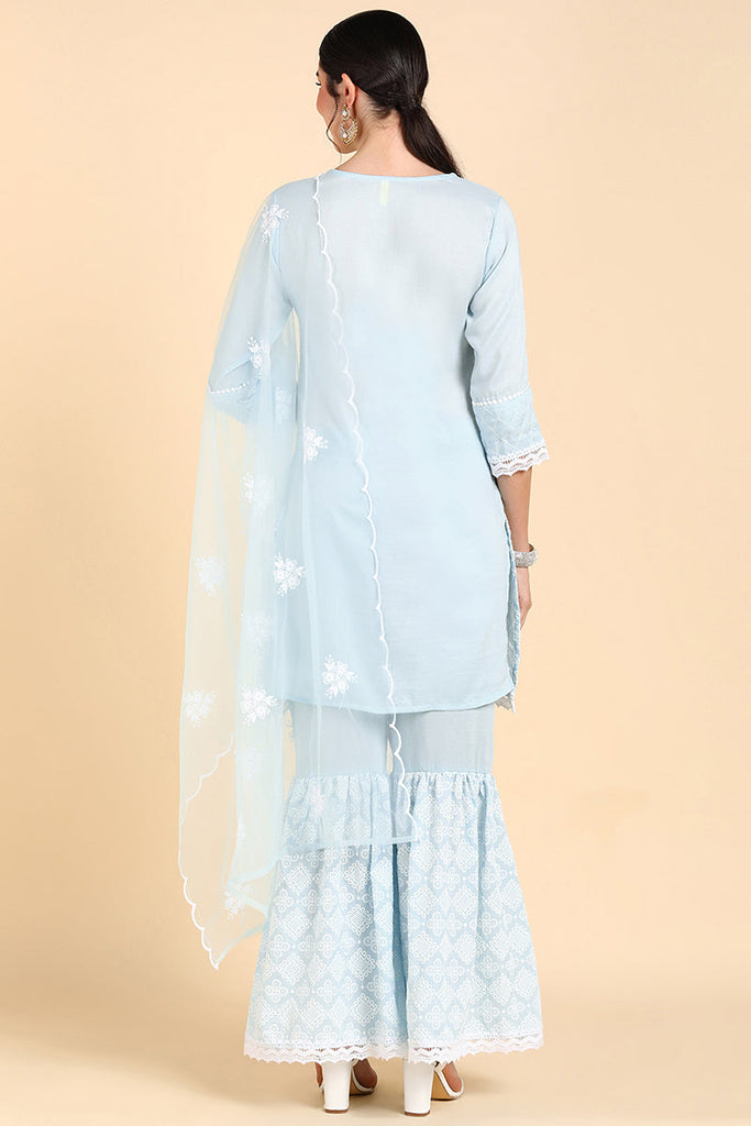  Women Blue Printed Kurta Sharara With Dupatta