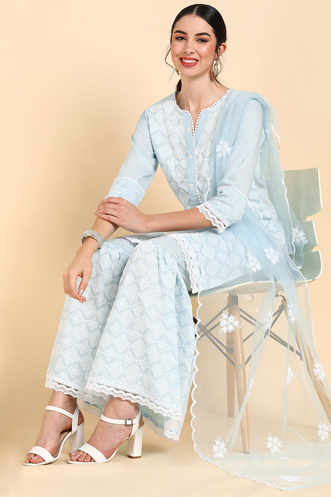  Women Blue Printed Kurta Sharara With Dupatta