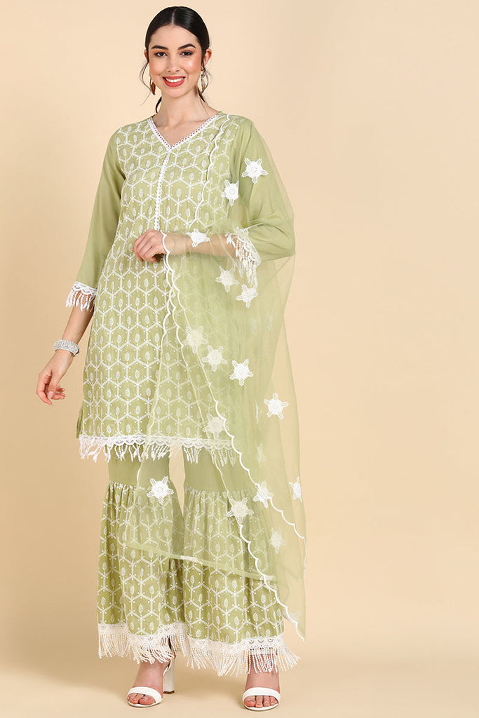  Women Green Printed Kurta Sharara With Dupatta