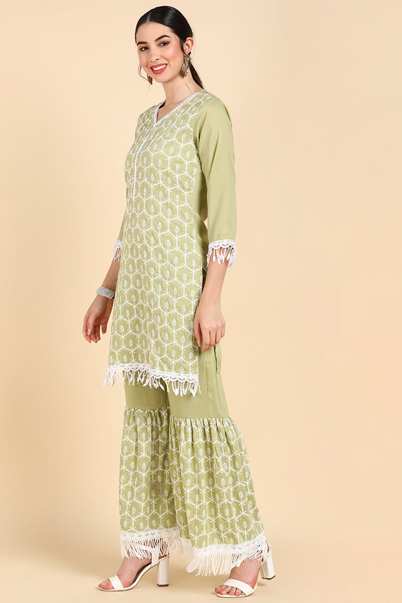  Women Green Printed Kurta Sharara With Dupatta