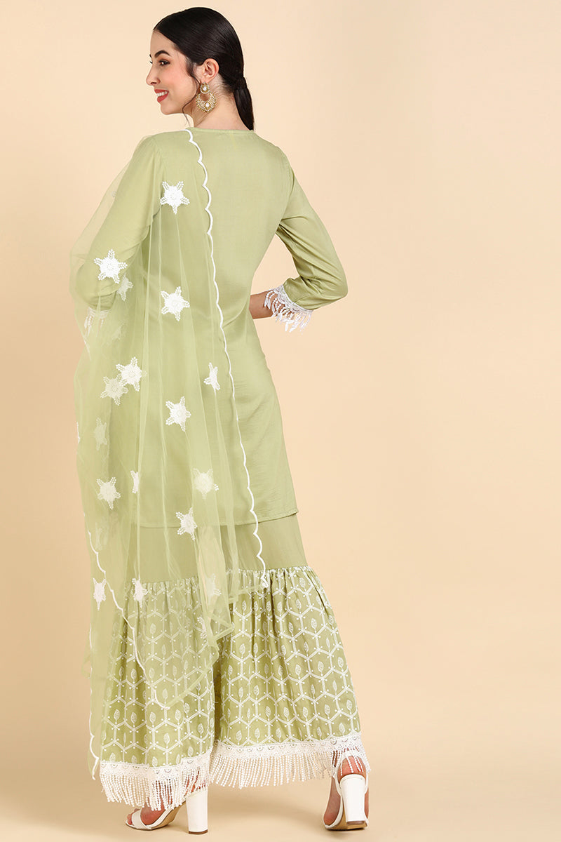  Women Green Printed Kurta Sharara With Dupatta