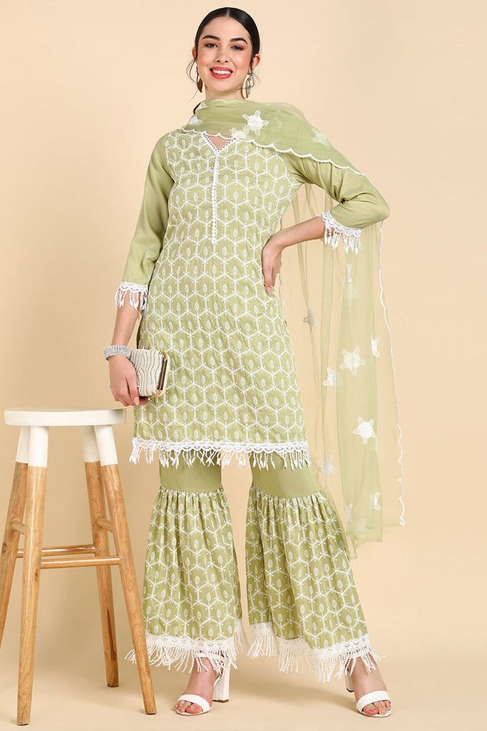  Women Green Printed Kurta Sharara With Dupatta