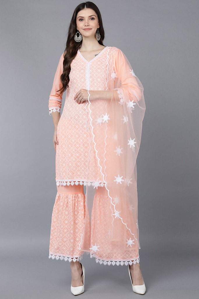  Women Peach Poly Silk Kurta Sharara With Dupatta 