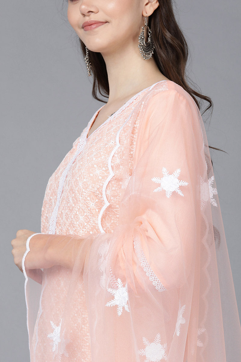  Women Peach Poly Silk Kurta Sharara With Dupatta 