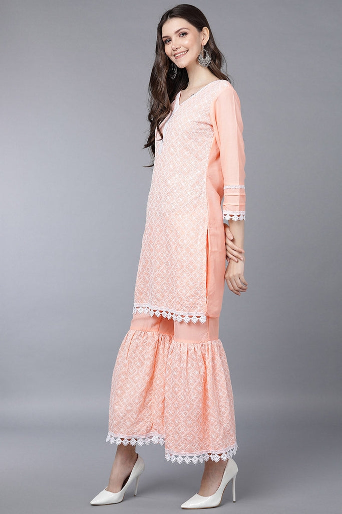  Women Peach Poly Silk Kurta Sharara With Dupatta 