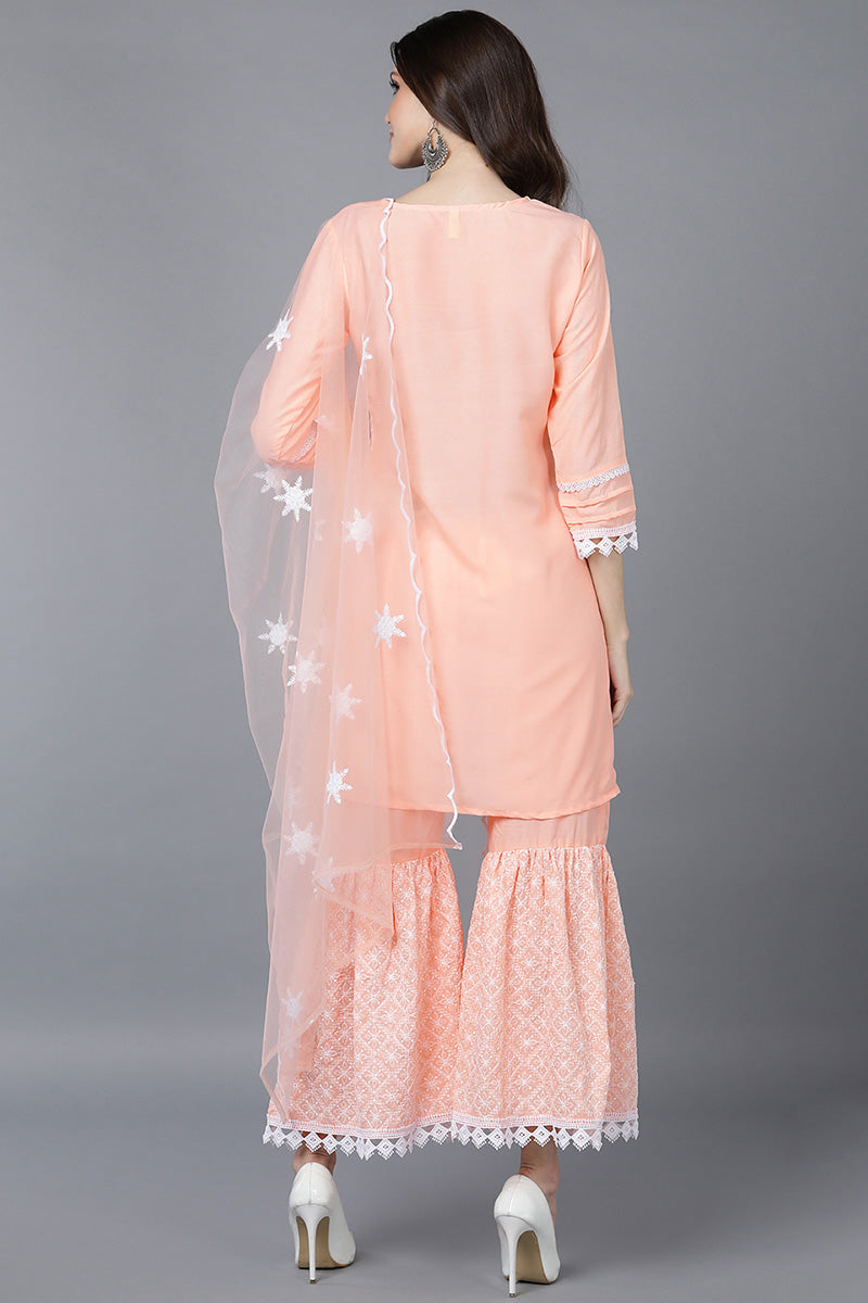  Women Peach Poly Silk Kurta Sharara With Dupatta 