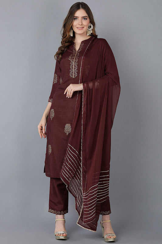  Women Maroon Solid Kurta Trousers With Dupatta