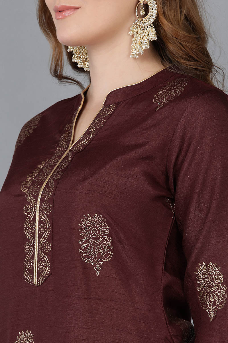  Women Maroon Solid Kurta Trousers With Dupatta