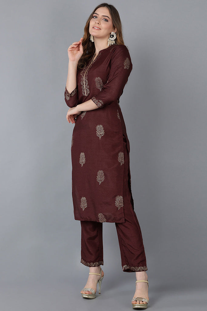  Women Maroon Solid Kurta Trousers With Dupatta