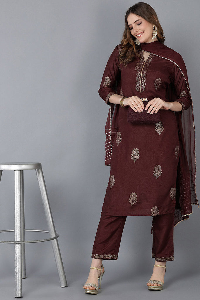  Women Maroon Solid Kurta Trousers With Dupatta