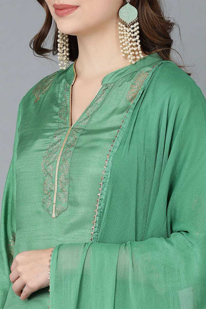  Women Green Embroidered Kurta Trousers With Dupatta